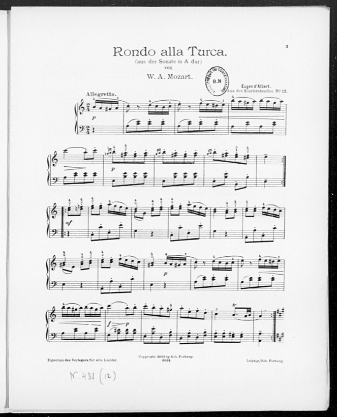 Strona nut fortepianowych z tytułem Rondo alla Turca, W. A. Mozart; nad nutami łuki, kropki staccato, oznaczenia p, mf i f
