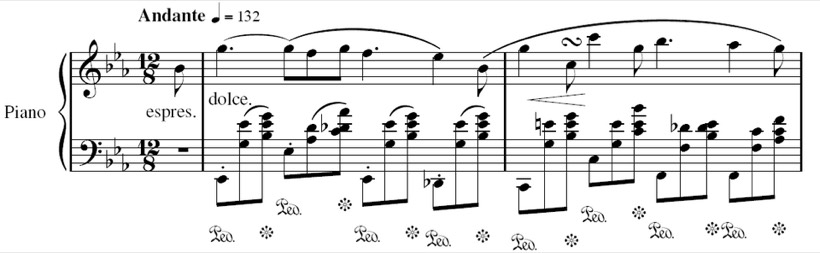 Nuty fortepianowe: dwa takty, nad nimi Andante, w prawej ręce długie nuty pod łukiem, w lewej rozłożone akordy
