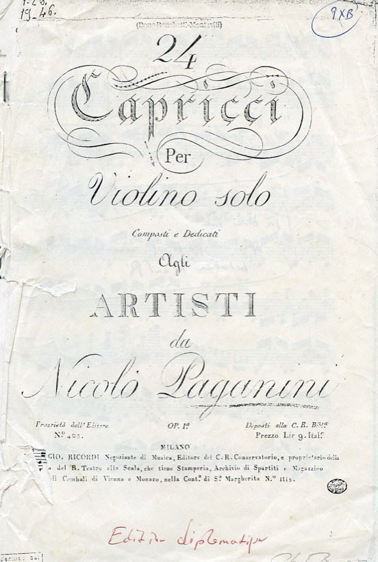 Strona tytułowa z ozdobnymi literami: 24 Capricci per violino solo, Nicolò Paganini, op. 1, Milano, Ricordi