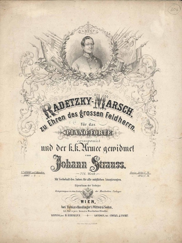 Ozdobna strona tytułowa: portret wojskowego w wieńcu, sztandary, napis Radetzky-Marsch, Johann Strauss, 228. Werk, Wien, Haslinger